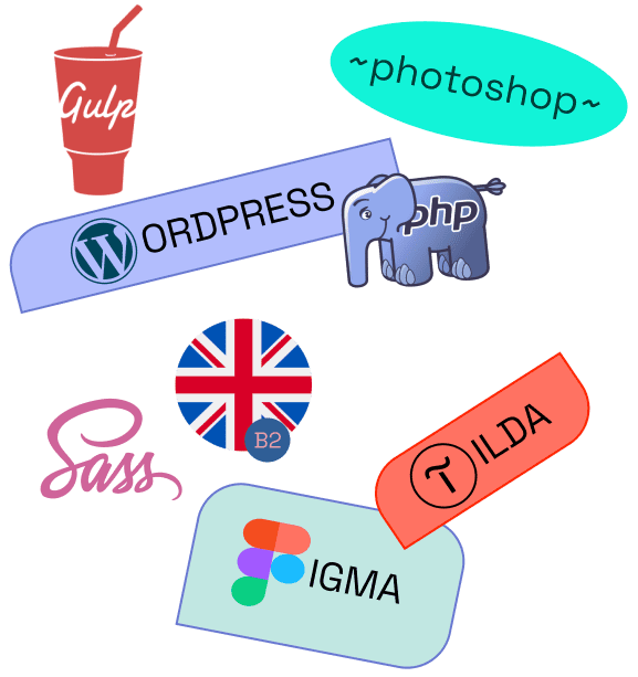 gulp, wordpress, photoshop, php, sass, tilda, figma, b2 english